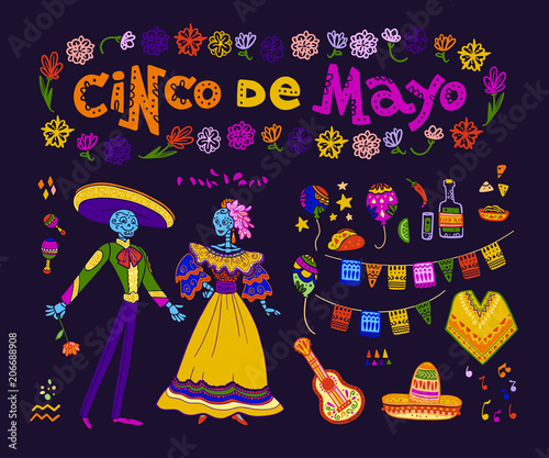 Vector cinco de mayo set of mexico traditional elements  symbols   skeleton characters in flat hand drawn style isolated on dark background. Mexican celebration  national patterns   decorations  food
