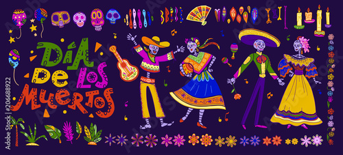 Vector dia de los muertos set of mexico traditional elements, symbols & skeleton characters in hand drawn style isolated on dark background. Mexican celebration, national patterns & decorations.