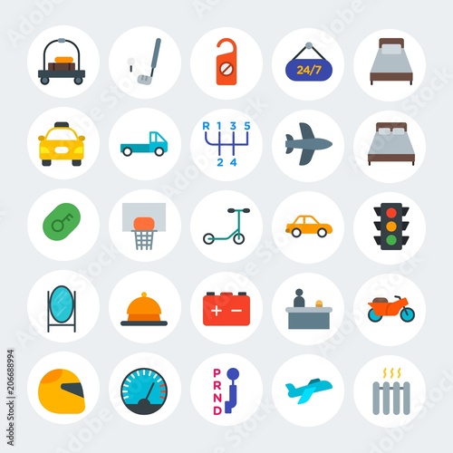 Modern Simple Set of transports, hotel, sports Vector flat Icons. Contains such Icons as basketball,  meter, reception,  energy, air and more on white cricle background. Fully Editable. Pixel Perfect.