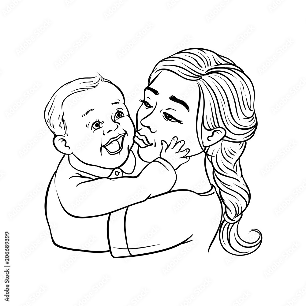 Young mother holding in arms and kissing her infant child isolated on white background - sketch colorful vector illustration of beautiful woman with smiling baby. loving family and motherhood concept. Young mother holding in arms and kissing her infant child isolated on white background - sketch colorful vector illustration of beautiful woman with smiling baby. loving family and motherhood concept.