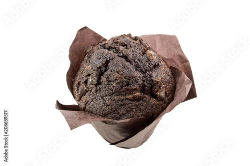 Black Cocoa Muffin With Chocolate Chips On It Closeup  Isolated