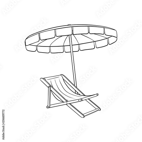 Pool, beach lounger with sun umbrella, parasol sketch icon. Summer holiday travelling and vacation symbol. Advertising banner, poster design element. Isolated monochrome vector illustration