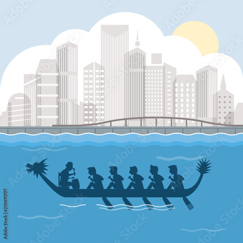 Dragon boat and city harbour vector illustration