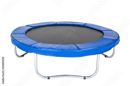 Trampoline for children and adults for fun indoor or outdoor fitness jumping on white background. Blue trampoline Isolated 