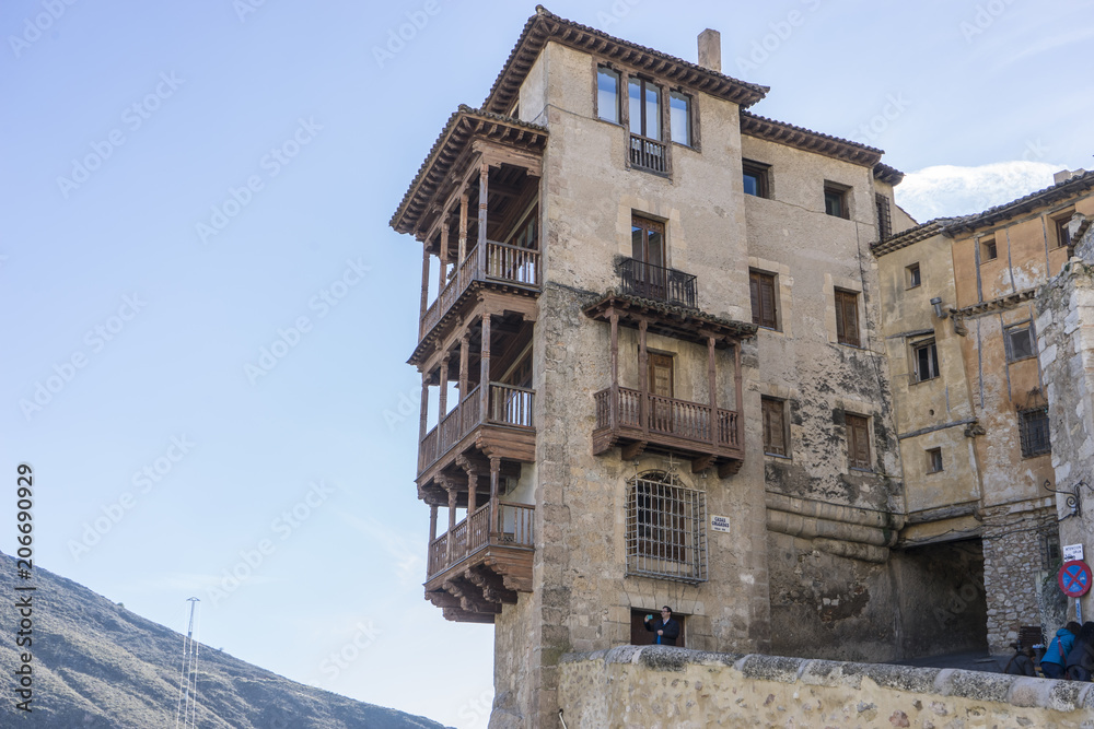 CUENCA, SPAIN, December 11, 2016 - Casa Colgadas in Cuenca, Spain is built on the edge of a cliff