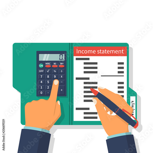 Income statement. Accounting finance. Income money. Men write documents, statement of income. Income statement vector illustration, flat design. Counting profit. Report income.  Calculation income.