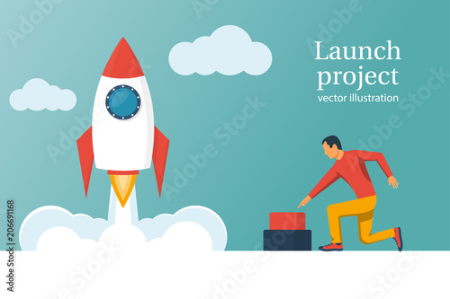 Startup working enterprise. Launch project. Business concept. Businessman hand pushing start button. Vector illustration cartoon flat design. Isolated on white background. Rocket of launch metaphor. © hvostik16