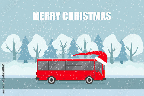 Vector Christmas  bus on the background of a snow  forest