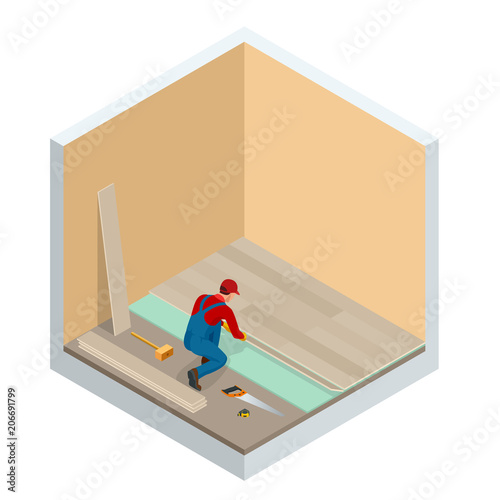 Isometric man installing new laminated wooden floor. Construction building industry, new home, construction interior. Vector illustration