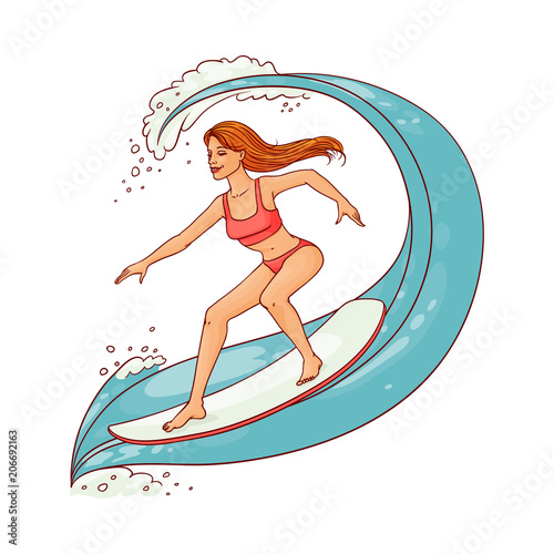 Pretty young redhead woman in red swimsuit riding the wave on surfboard smiling. Beautiful female character  girl surfing at summer vacation. Vector sketch illustration isolated
