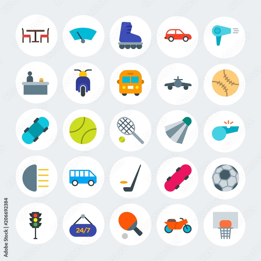 Modern Simple Set of transports, hotel, sports Vector flat Icons. Contains such Icons as skateboard, game, ball, equipment, 24 and more on white cricle background. Fully Editable. Pixel Perfect. Modern Simple Set of transports, hotel, sports Vector flat Icons. Contains such Icons as skateboard, game, ball, equipment, 24 and more on white cricle background. Fully Editable. Pixel Perfect.