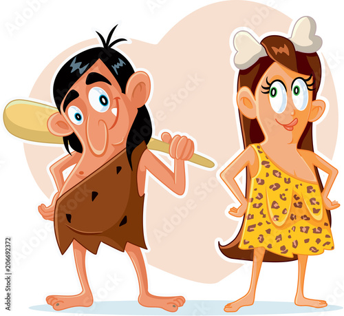 Funny Prehistoric Couple Vector Cartoon 