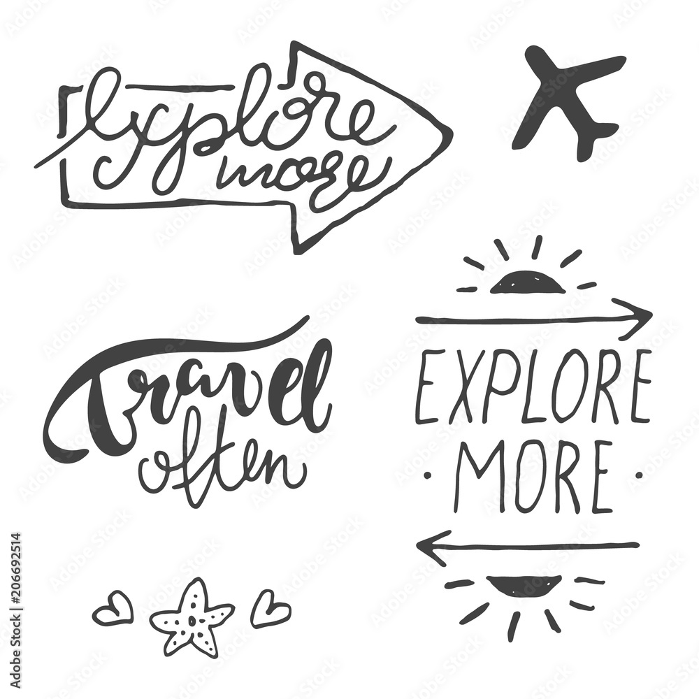 Vector Typography Set Of Motivational Hand Drawn Travel Quotes: Travel  Often, Explore More. Hand Written Lettering Symbols With Vacation Design  Silhouettes For Photo, Card, T-Shirt, Print, Label, Logo Stock Vector |  Adobe