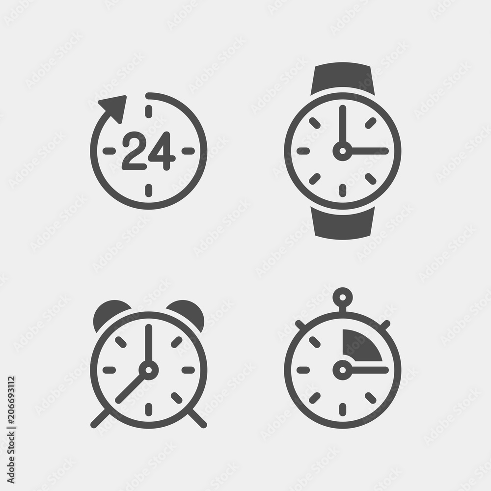 Clock flat vector icons set. Stopwatch, alarm, wrist watch flat vector icons set