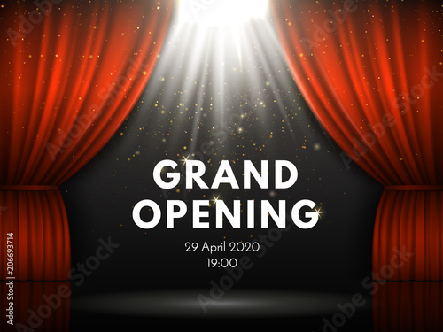 Grand opening poster with red curtains at theater stage. Theater curtain, gold sparks and spotlight beam on dramatic scene vector