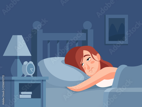 Woman with insomnia or nightmare lying in bed at night background. Sleepless person awake with tired sadness face cartoon illustration