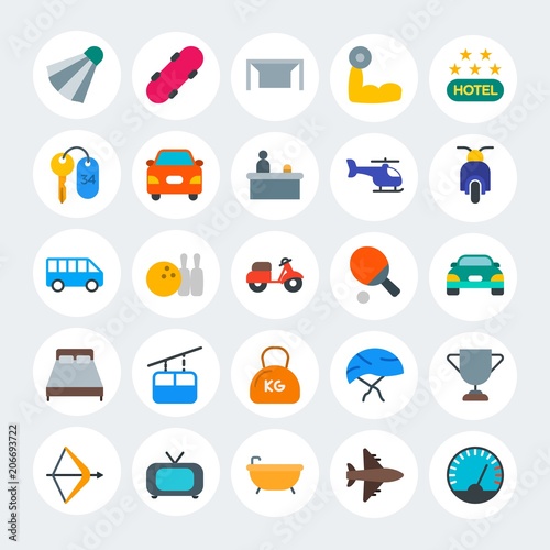 Modern Simple Set of transports, hotel, sports Vector flat Icons. Contains such Icons as  car,  auto,  ball,  tv,  soccer,  meter and more on white cricle background. Fully Editable. Pixel Perfect.