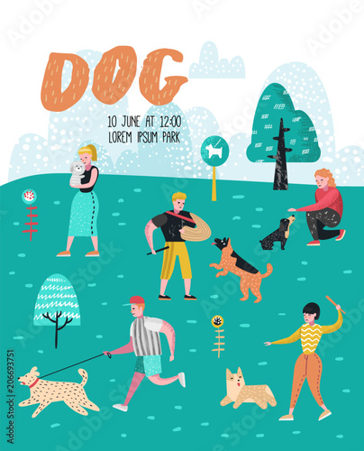 People Training Dogs in the Park. Dog Poster, Banner. Characters Walking Outside with Pets. Vector illustration