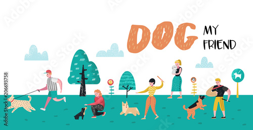Fototapeta Naklejka Na Ścianę i Meble -  People Training Dogs in the Park. Dog Poster, Banner. Characters Walking Outside with Pets. Vector illustration