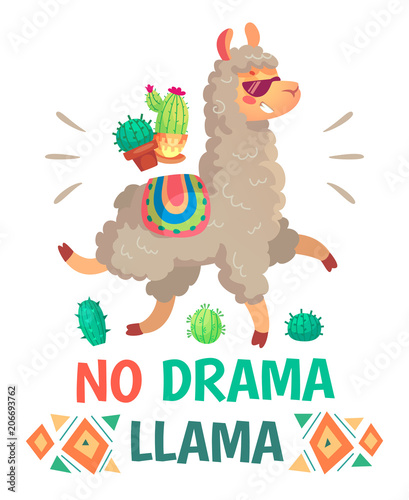 Motivation lettering with No drama llama. Chilling alpaca or lama cartoon kids illustration