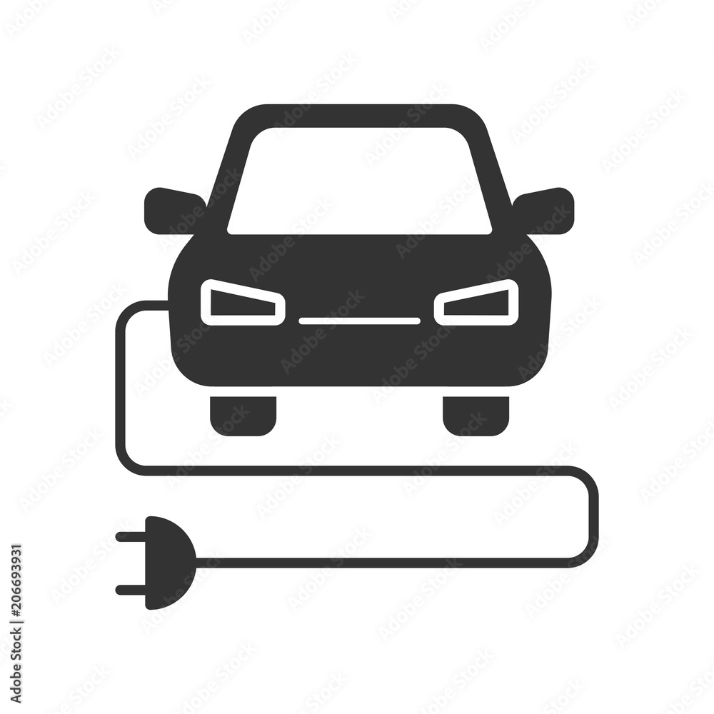 Black isolated icon of electric car on white background. Silhouette of electric car,