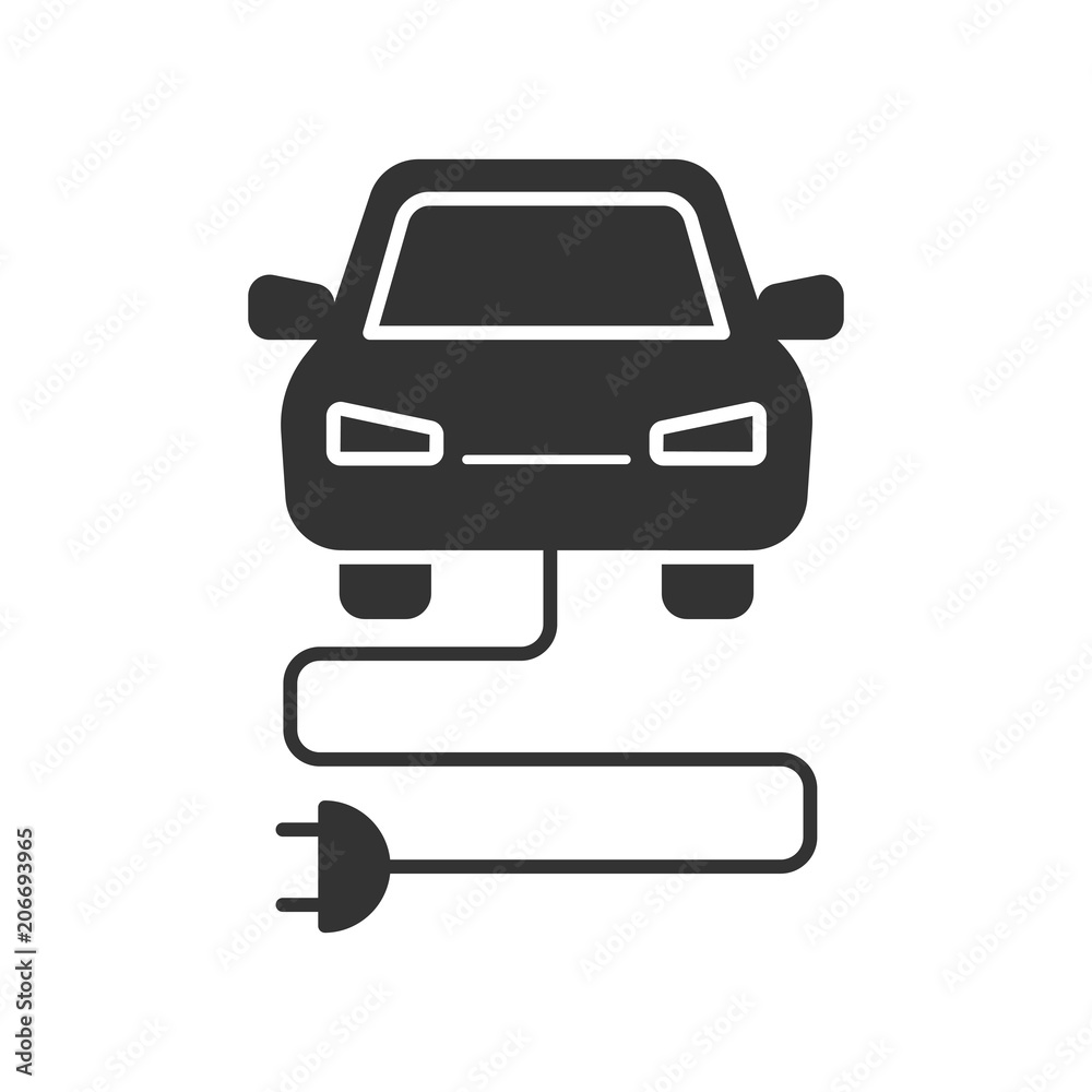 Black isolated icon of electric car on white background. Silhouette of electric car, Black isolated icon of electric car on white background. Silhouette of electric car,