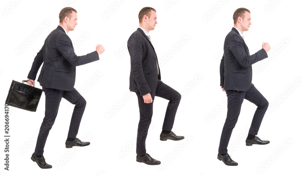 Collection of  businessmen step up a staircase set isolated on white background