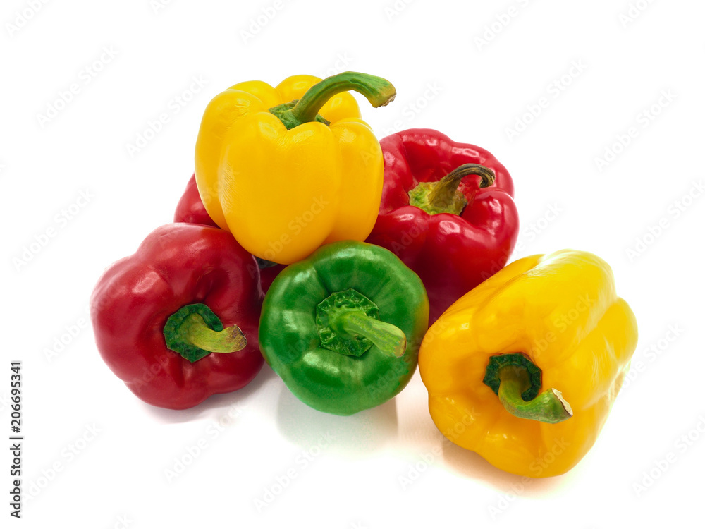 Fresh vegetables, red, yellow, green sweet peppers on white background. Fresh vegetables, red, yellow, green sweet peppers on white background.