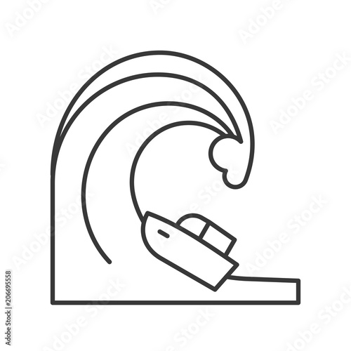 Tsunami wave and ship, disaster outline icon