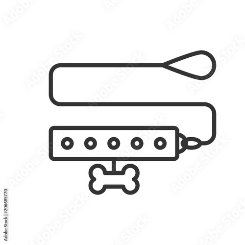 Black isolated outline icon of dogs collar with leash on white background. Line Icon of dog collar.