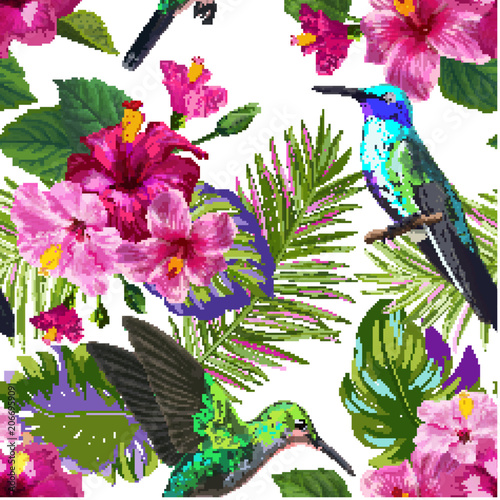 Tropical Seamless Pattern with Hummingbirds, Exotic Hibiskus Flowers and Palm Leaves. Floral Background with Colibri Birds for Fabric, Textile, Wallpaper. Vector illustration