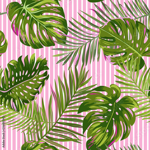 Fototapeta Naklejka Na Ścianę i Meble -  Tropical Palm Leaves Seamless Pattern. Watercolor Floral Background. Exotic Botanical Design for Fabric, Textile, Wallpaper, Wrapping Paper. Vector illustration