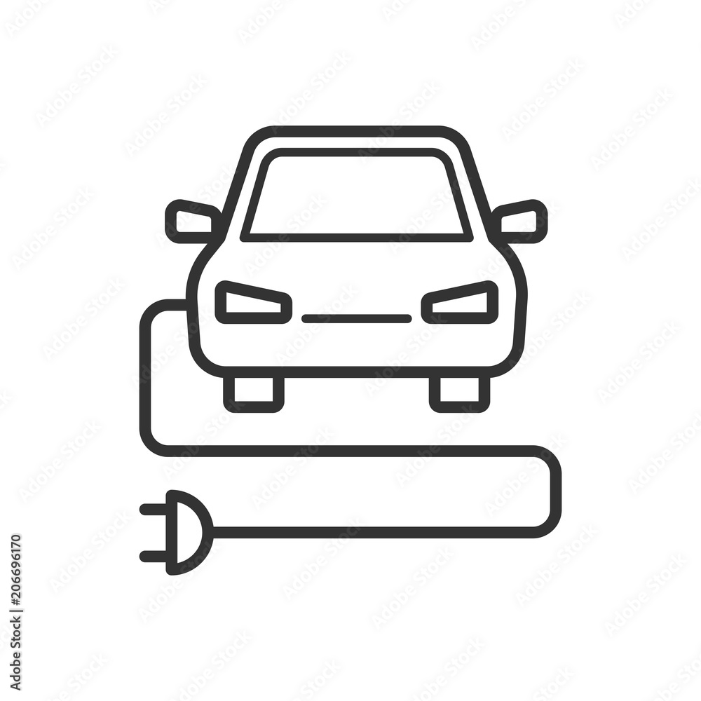 Black isolated outline icon of electric car on white background. Line Icon of electric car. Black isolated outline icon of electric car on white background. Line Icon of electric car.