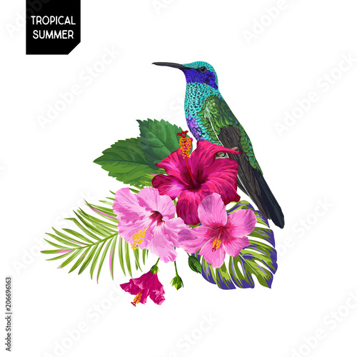 Summer Tropical Design with Hummingbird and Exotic Flowers. Floral Background with Tropic Bird, Hibiskus and Palm Leaves. Vector illustration