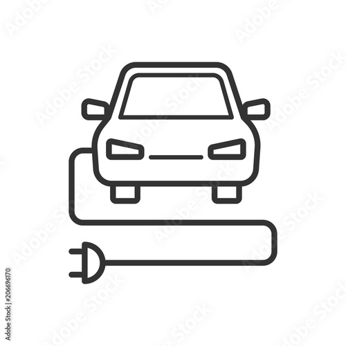 Black isolated outline icon of electric car on white background. Line Icon of electric car.