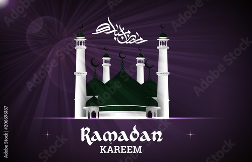 Ramadan Kareem greeting with mosque on purple background
