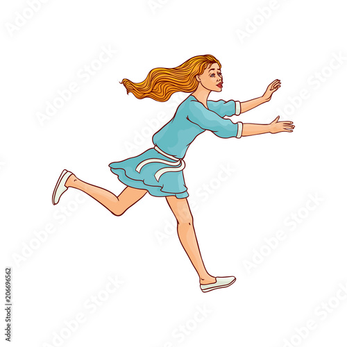 Young sportive girl in dress, running looking back. Beautiful female character, redhead woman runaway with afraid face. Isolated vector illustration in sketch style