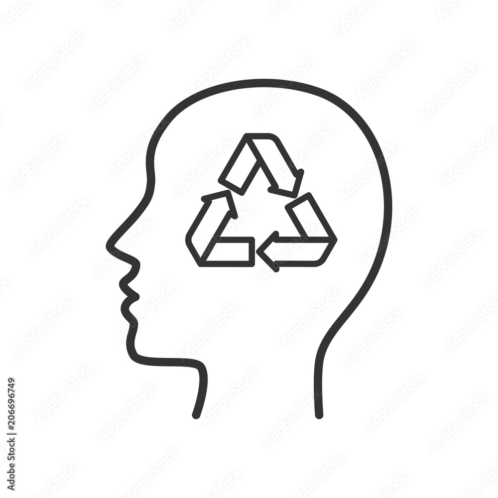 Black isolated outline icon of head of man with recycling mind on white background. Line Icon of head of man. Recycle think. Black isolated outline icon of head of man with recycling mind on white background. Line Icon of head of man. Recycle think.
