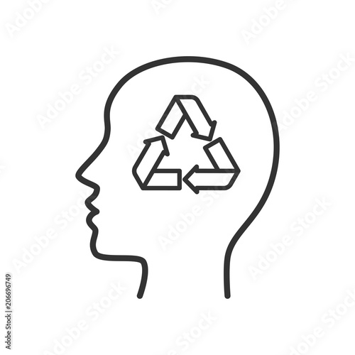 Black isolated outline icon of head of man with recycling mind on white background. Line Icon of head of man. Recycle think.