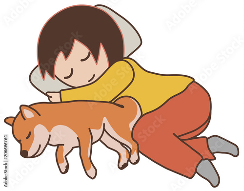 犬と一緒に寝る女性　柴犬