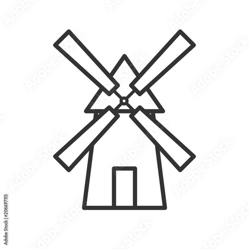 Black isolated outline icon of mill on white background. Line Icon of windmill.