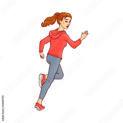 Young sportive girl in athletic clothing, running looking back. Beautiful female character, redhead woman runaway with afraid face. Isolated vector illustration in sketch style