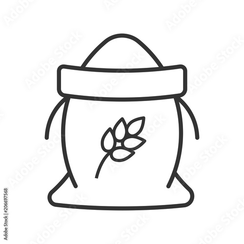 Black isolated outline icon of sack of flour on white background. Line Icon of bag of grain.