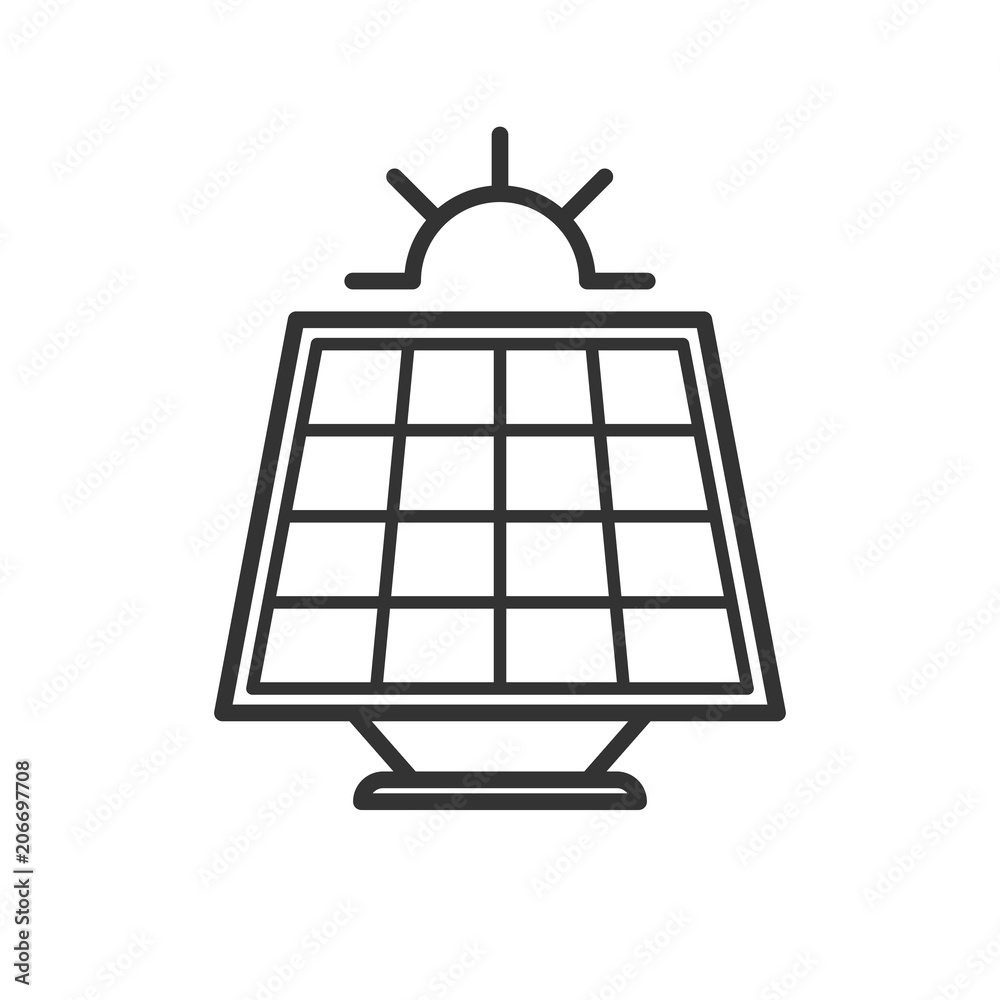 Black isolated outline icon of solar panel with sun on white background. Line Icon of solar battery. Black isolated outline icon of solar panel with sun on white background. Line Icon of solar battery.