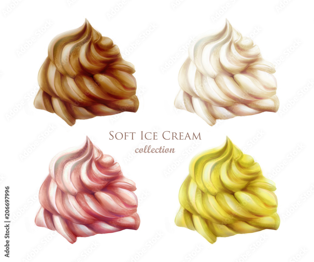 Strawberry, vanilla, chocolate taste. Blue, pink, brown, white - different flavor and colors ice cream scoops, digital hand drawn side view isolated on white background. Summer dessert, ice cream set. Strawberry, vanilla, chocolate taste. Blue, pink, brown, white - different flavor and colors ice cream scoops, digital hand drawn side view isolated on white background. Summer dessert, ice cream set.