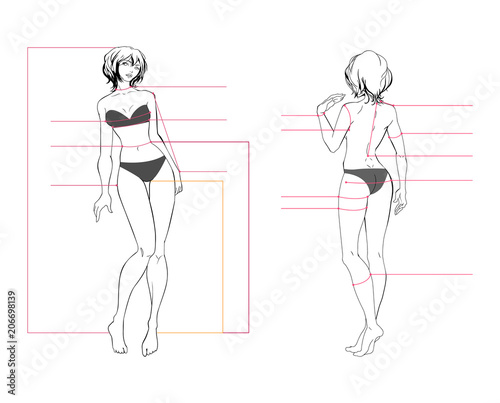 Woman body measurement chart. Scheme for measurement human body for sewing clothes. Female figure: front view, back view. Template for dieting, fitness. The vector drawing without background.