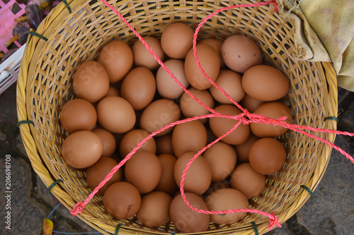 Many eggs in the basket for boil or steamed in hot spring.
