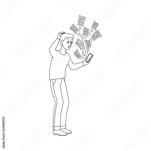 Puzzled young man, teenager in casual clothing holding smartphone with various application icons around gadget. Modern technology, people information overload concept. Vector monochrome illustration