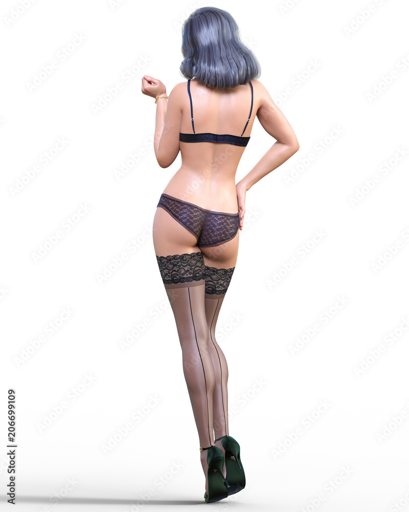 3D Beautiful brunette girl black lingerie and stockings.Woman studio photography.High heel.Conceptual fashion art.Seductive candid pose.Render illustration.Collection summer clothes

