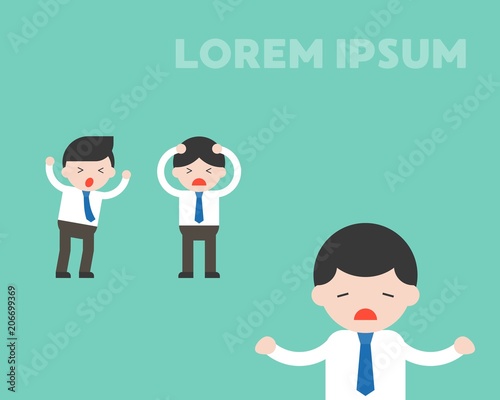 Two panic businessman with careless businessman, conflict in workplace flat illustration concept